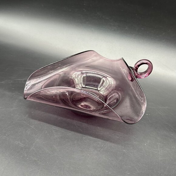 Amethyst Purple Hand Blown Glass Nappy Dish Bowl Loop Handle Decorative - Picture 1 of 11